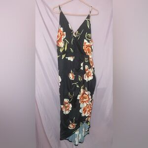 Black with floral spaghetti strap summer dress with a wrap style skirt high low